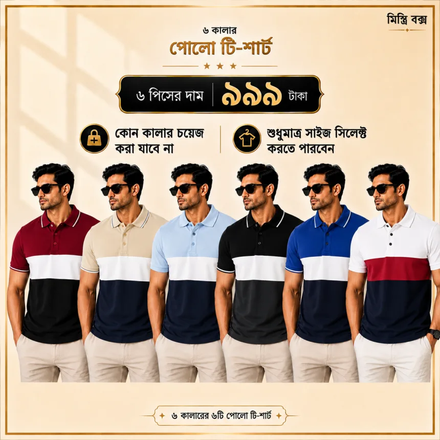 	 ৬ পিস মেনস প্রিমিয়াম পোলো টি-শার্ট কম্বো – মাত্র ৯৯৯ টাকা (Multi-Color)