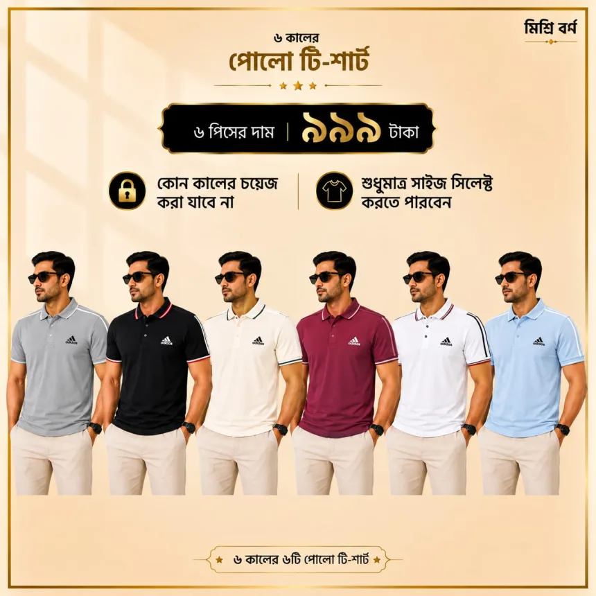 ৬ পিস মেনস প্রিমিয়াম পোলো টি-শার্ট কম্বো ( Adi) – মাত্র ৯৯৯ টাকা